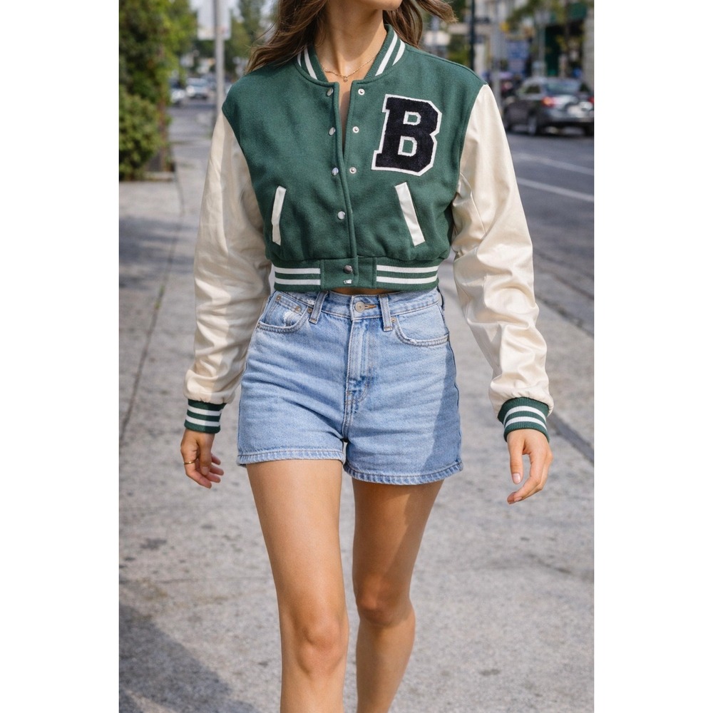 Love Tree Varsity Letterman‎ Jacket Womens Small Green Cream NEW Cropped B Patch